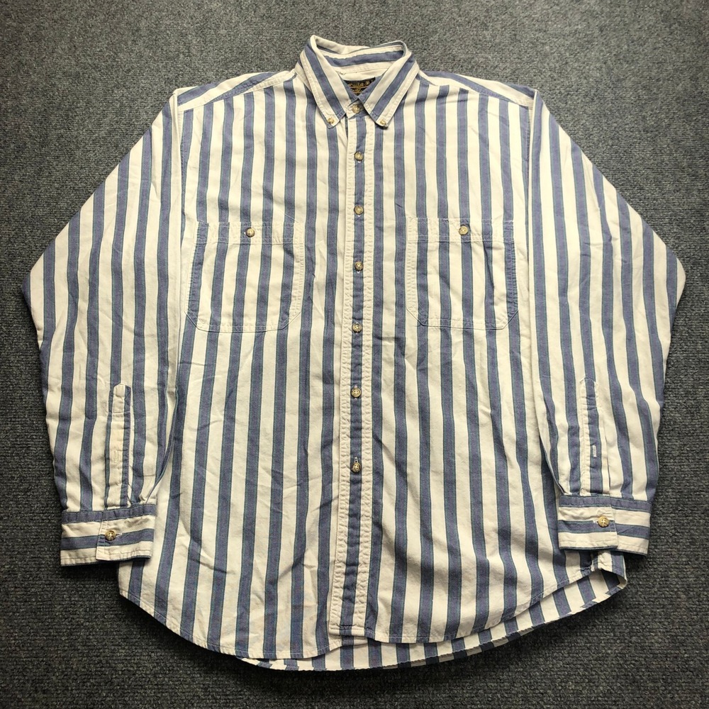 Vintage Blue Green Striped Long Sleeve Button Down Shirt Mens L Two Pocket